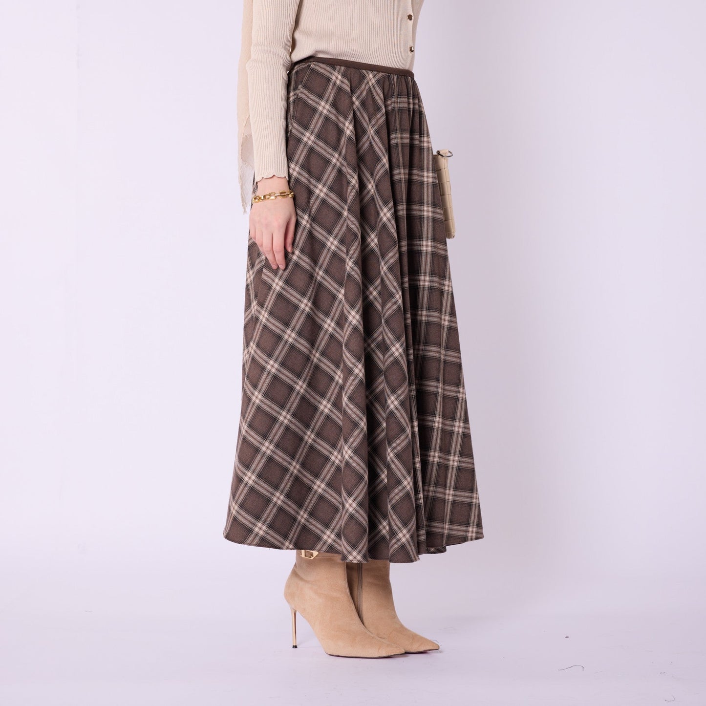 Elastic Waist Checked Long Skirt With Pleat Detail