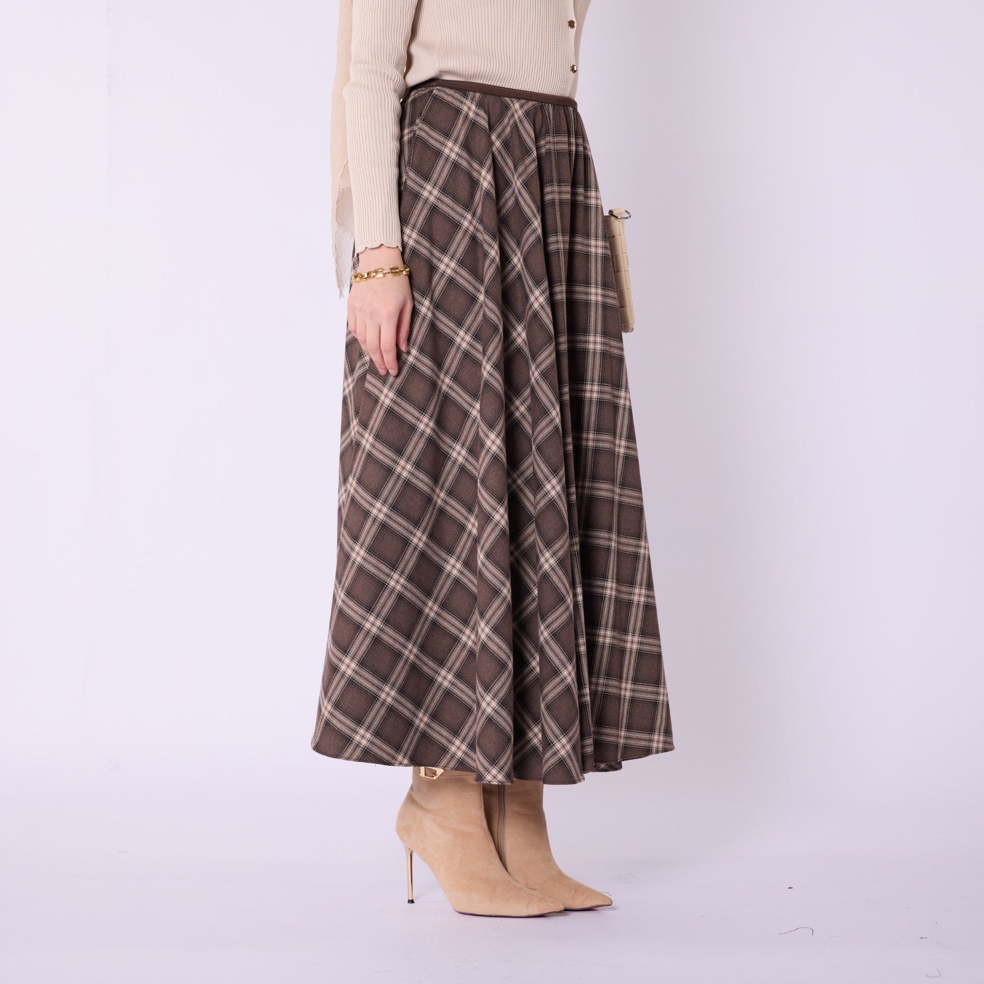 Elastic Waist Checked Long Skirt With Pleat Detail