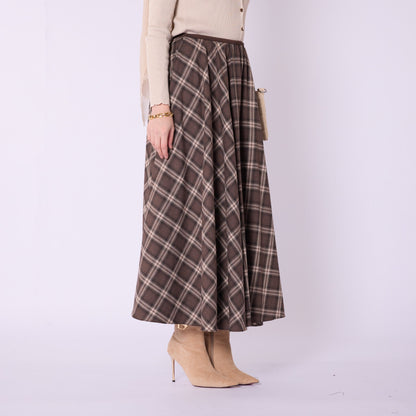 Elastic Waist Checked Long Skirt With Pleat Detail