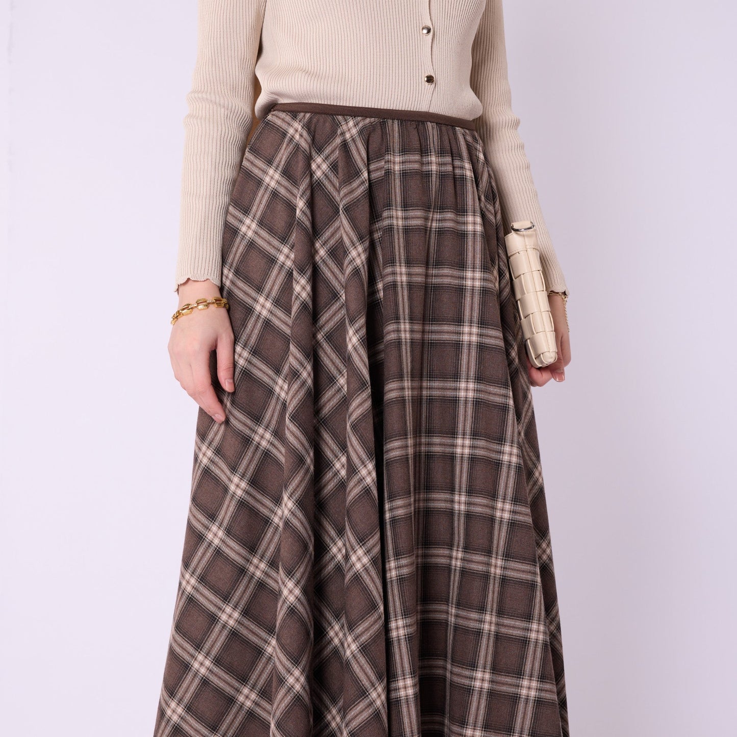 Elastic Waist Checked Long Skirt With Pleat Detail