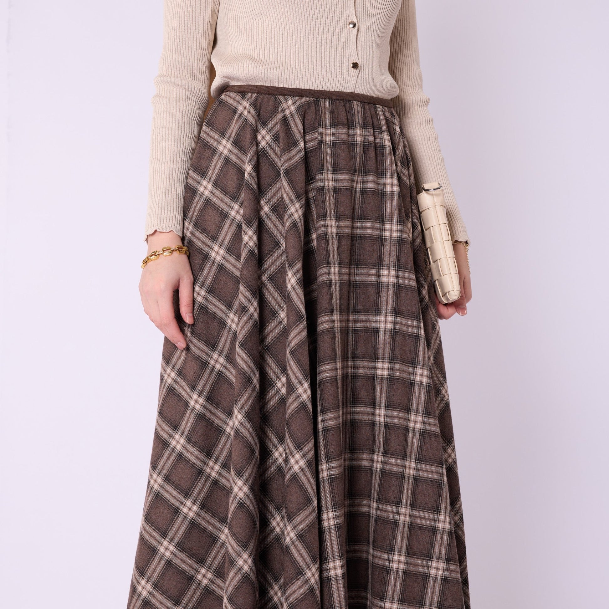 Elastic Waist Checked Long Skirt With Pleat Detail