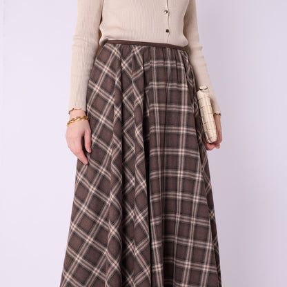 Elastic Waist Checked Long Skirt With Pleat Detail