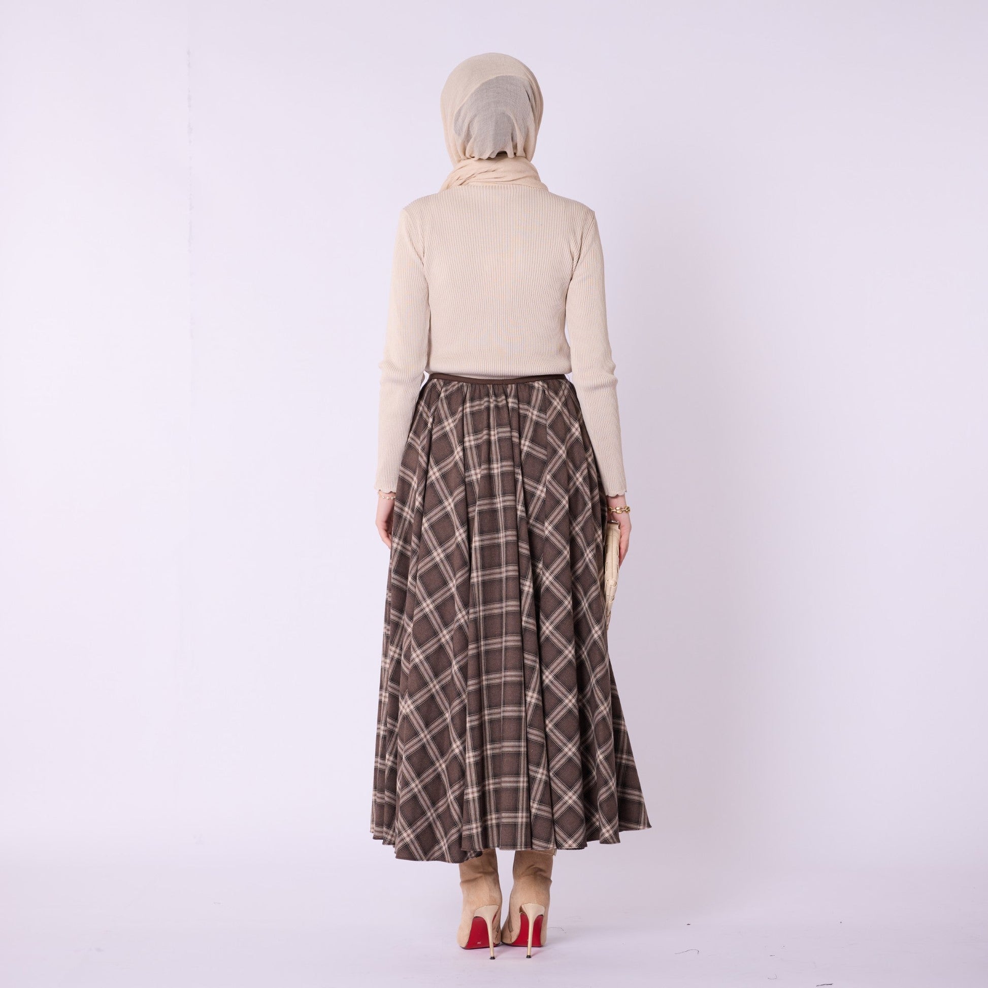 Elastic Waist Checked Long Skirt With Pleat Detail