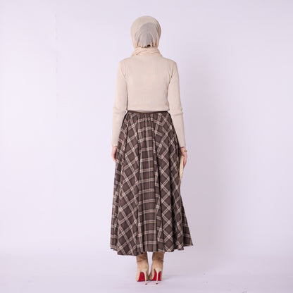 Elastic Waist Checked Long Skirt With Pleat Detail