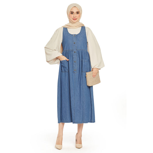 Pleated Pocket Detailed Denim Dress