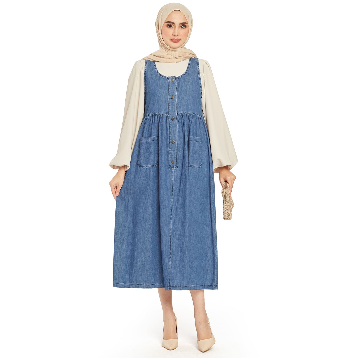 Pleated Pocket Detailed Denim Dress