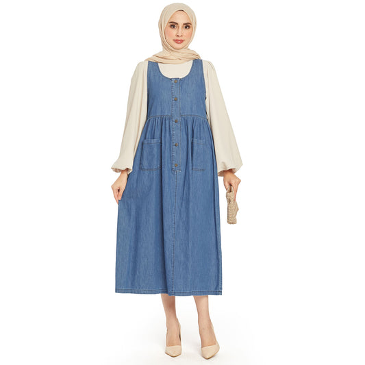 Pleated Pocket Detailed Denim Dress