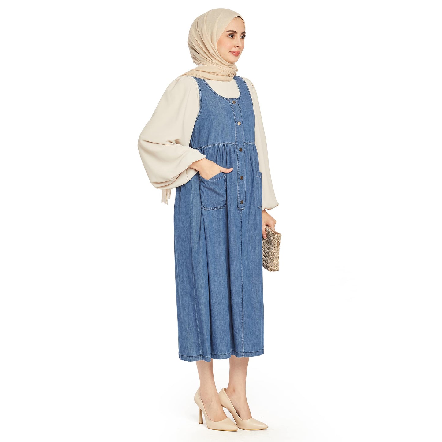 Pleated Pocket Detailed Denim Dress