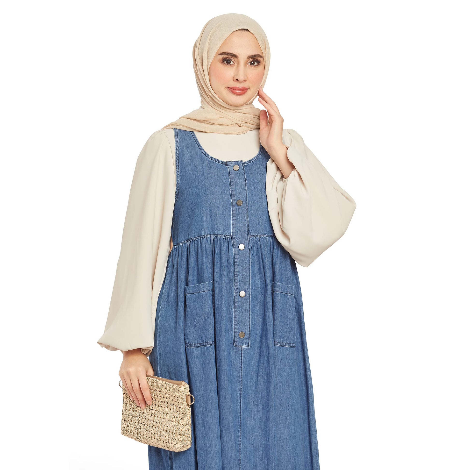 Pleated Pocket Detailed Denim Dress