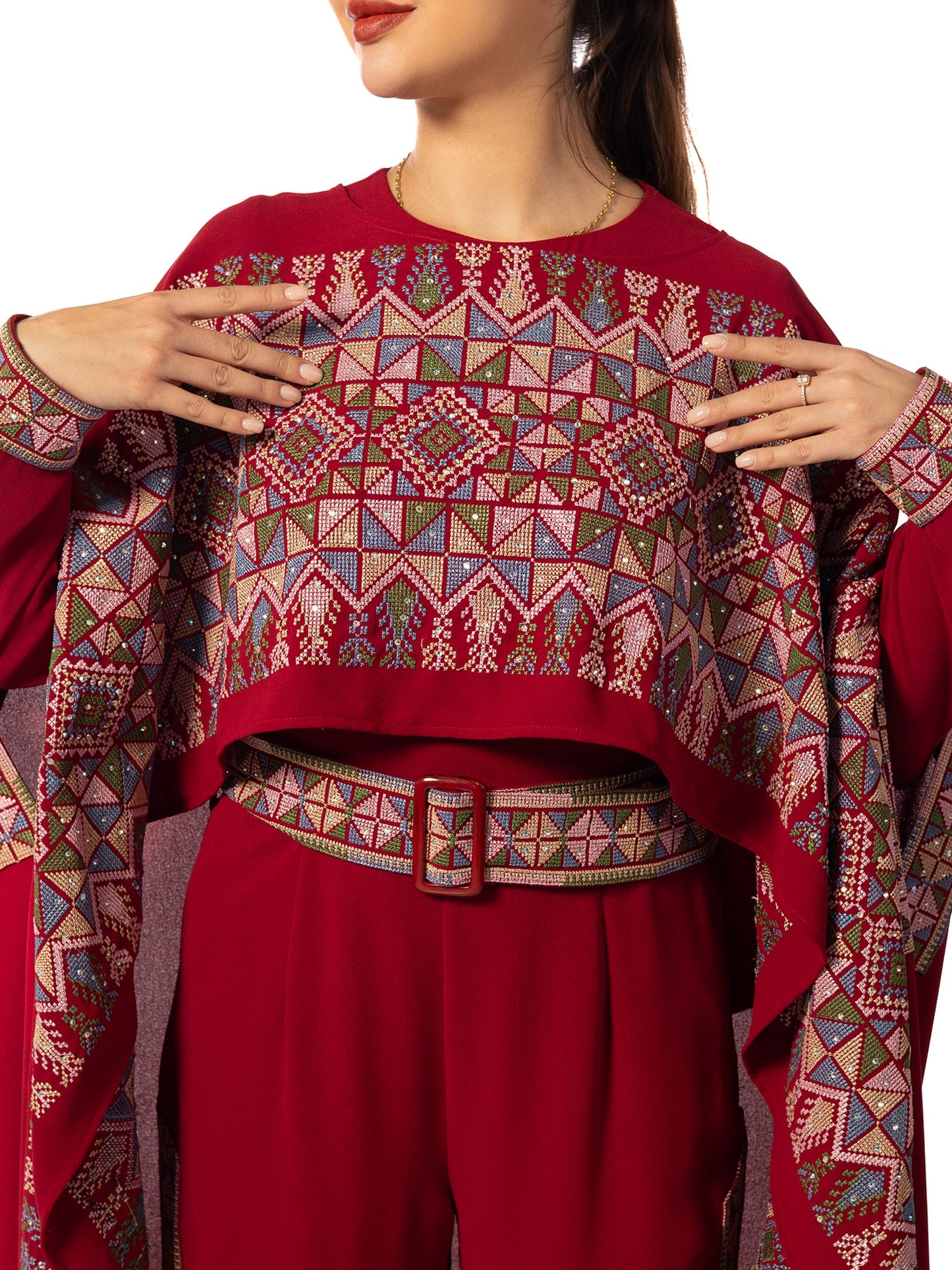 Elegance in Embroidery A Regal Red Jumpsuit