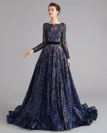 Liza Sequin Evening Gown-Navy Blue