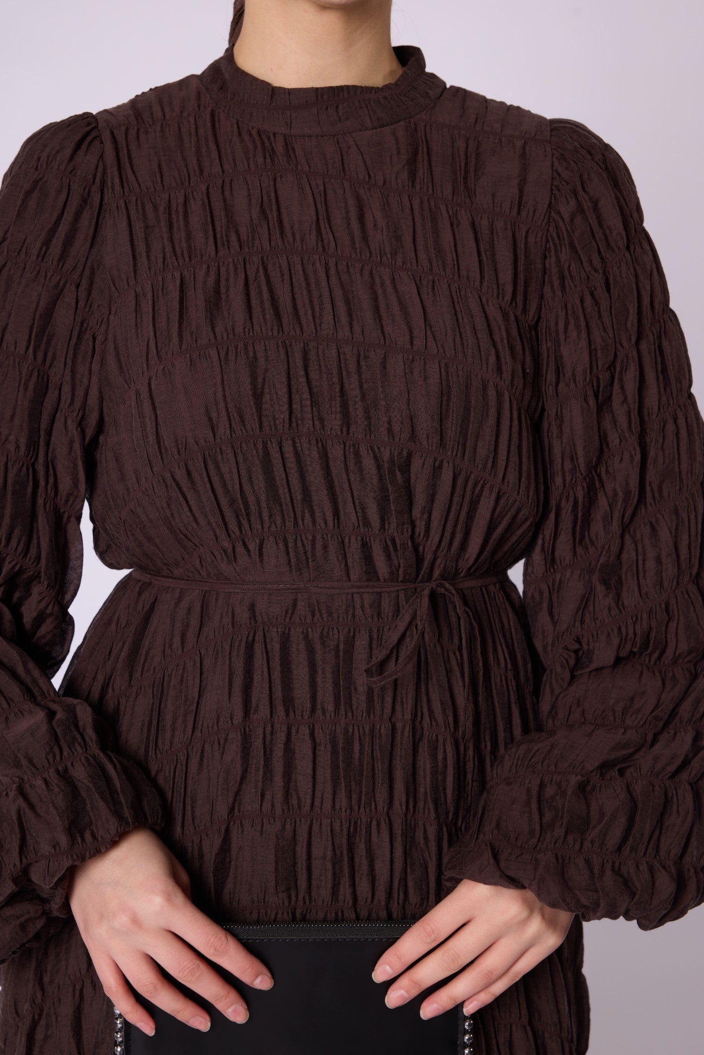 Drawstring Detail Balloon Sleeve Chiffon Dress