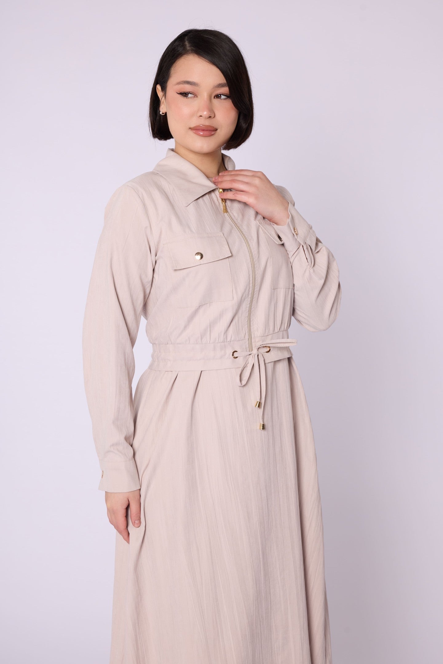 Polo Collar Pocket Detail Jacket-Style Dress