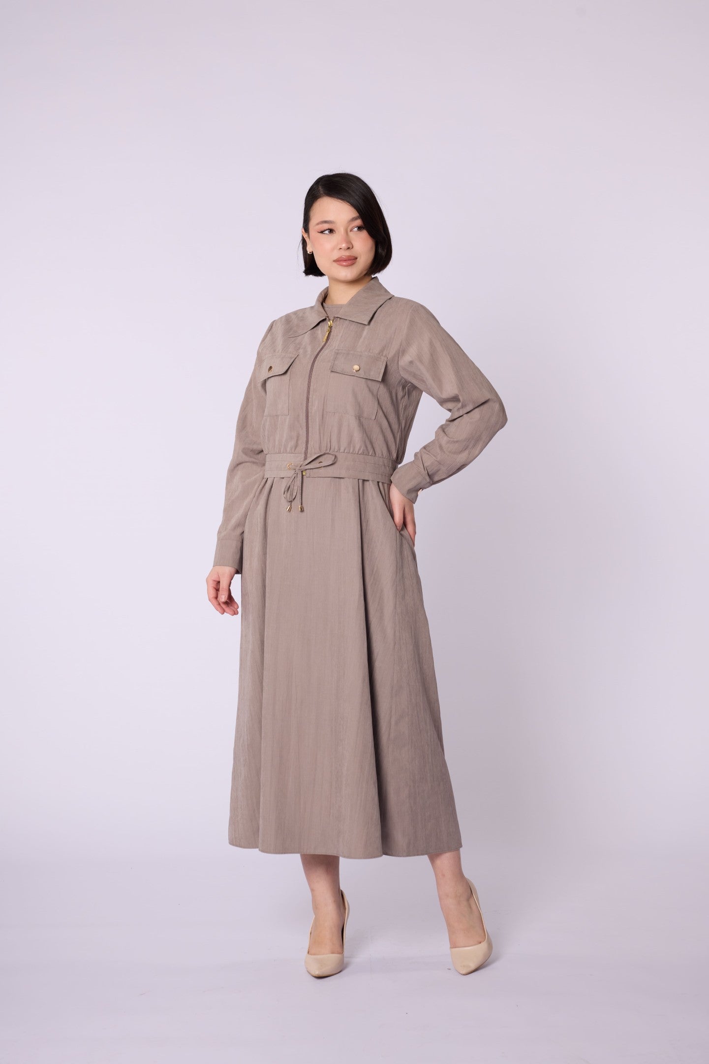 Polo Collar Pocket Detail Jacket-Style Dress