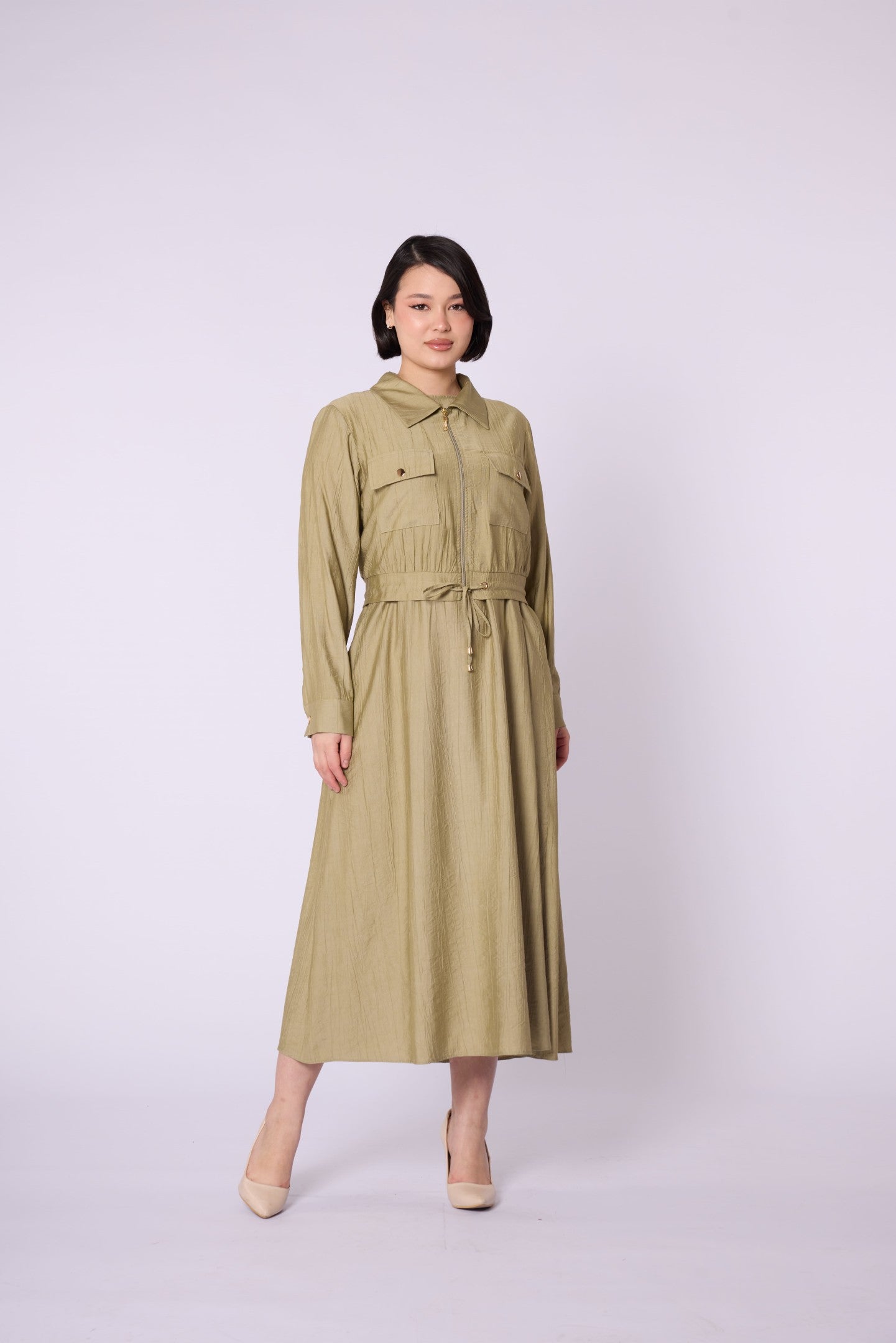 Polo Collar Pocket Detail Jacket-Style Dress