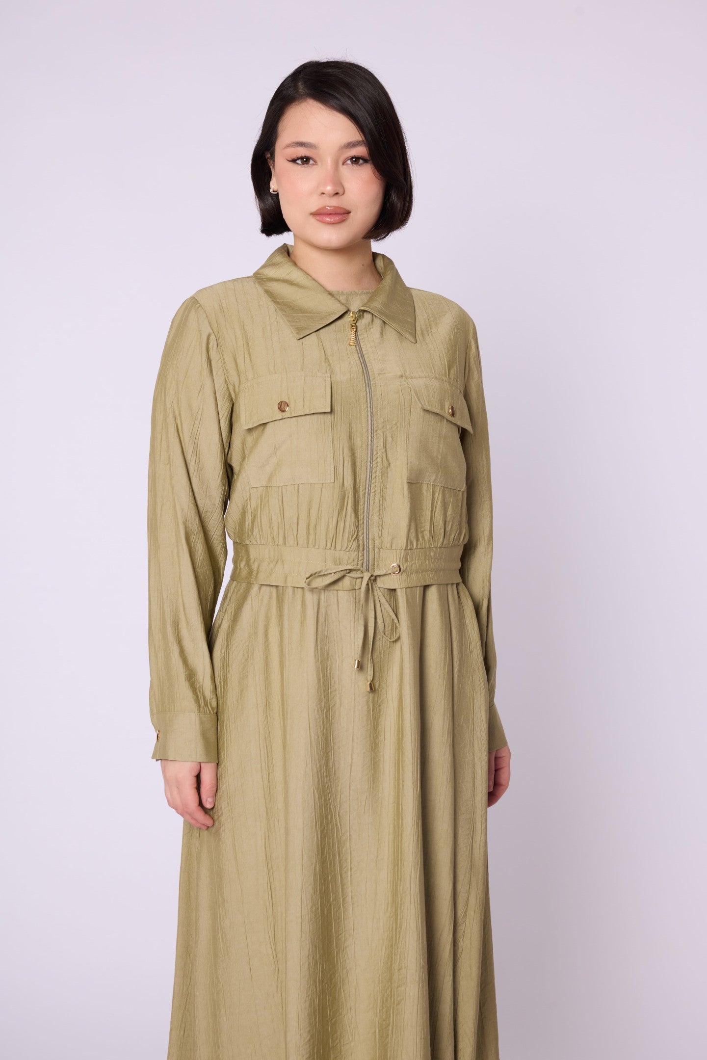 Polo Collar Pocket Detail Jacket-Style Dress