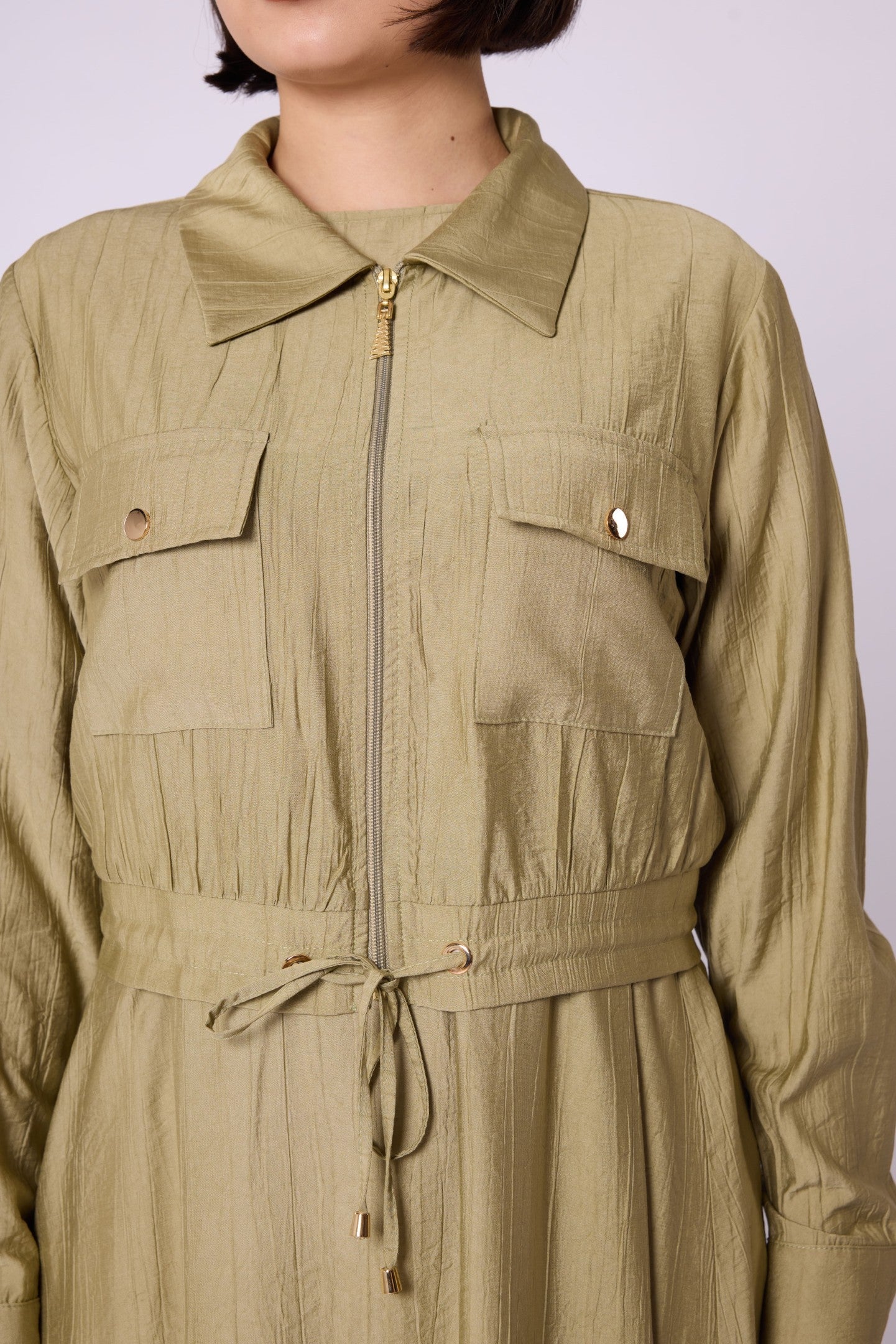 Polo Collar Pocket Detail Jacket-Style Dress