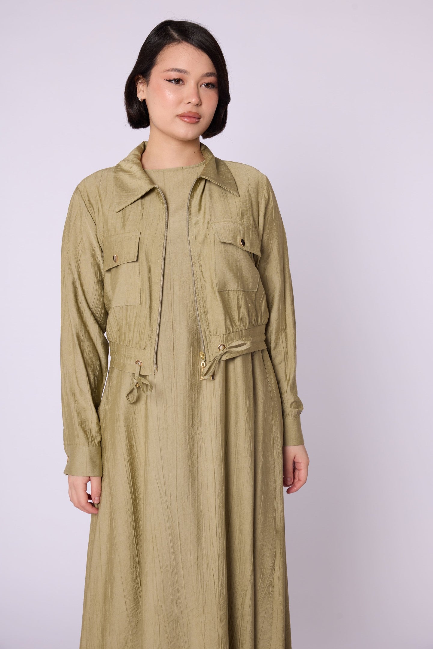 Polo Collar Pocket Detail Jacket-Style Dress