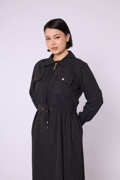 Polo Collar Pocket Detail Jacket-Style Dress