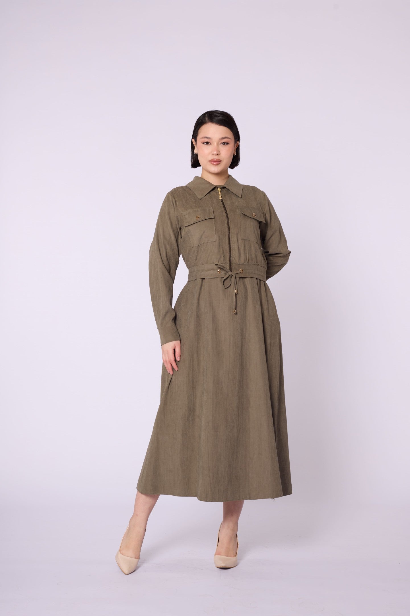 Polo Collar Pocket Detail Jacket-Style Dress