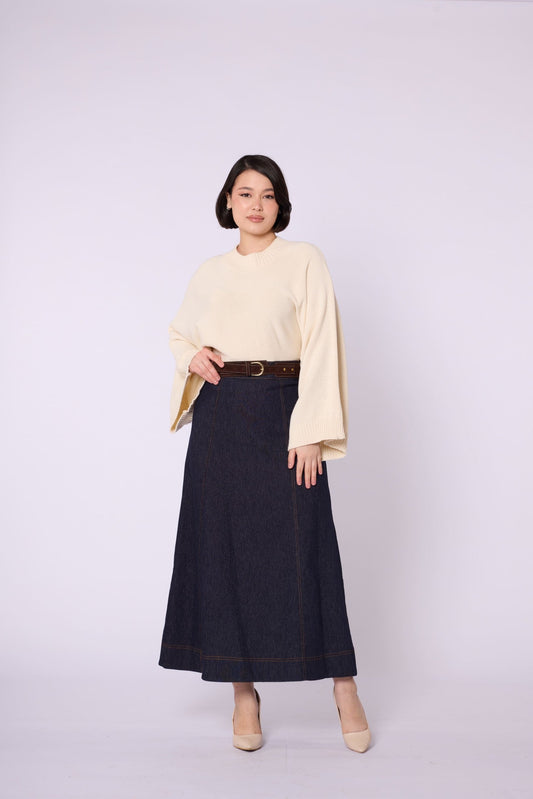 Suede Belt Detail A-Line Women’s Denim Skirt