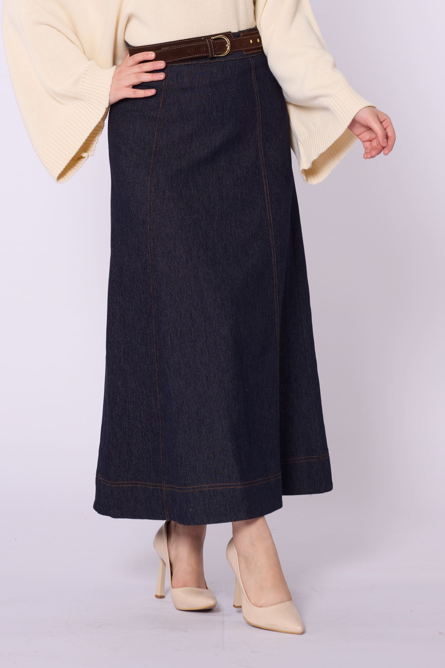 Suede Belt Detail A-Line Women’s Denim Skirt