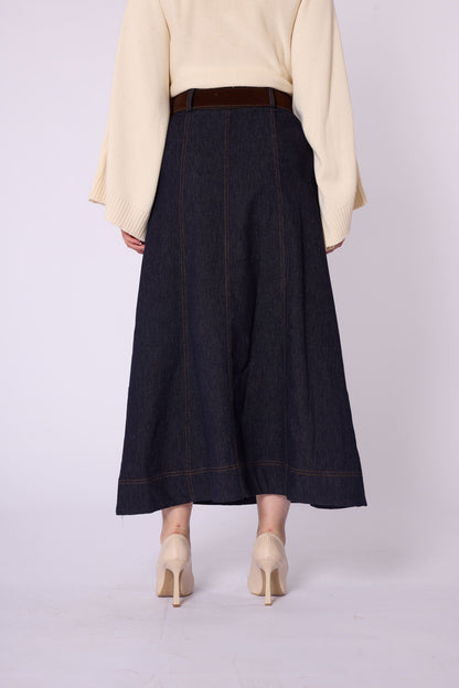 Suede Belt Detail A-Line Women’s Denim Skirt