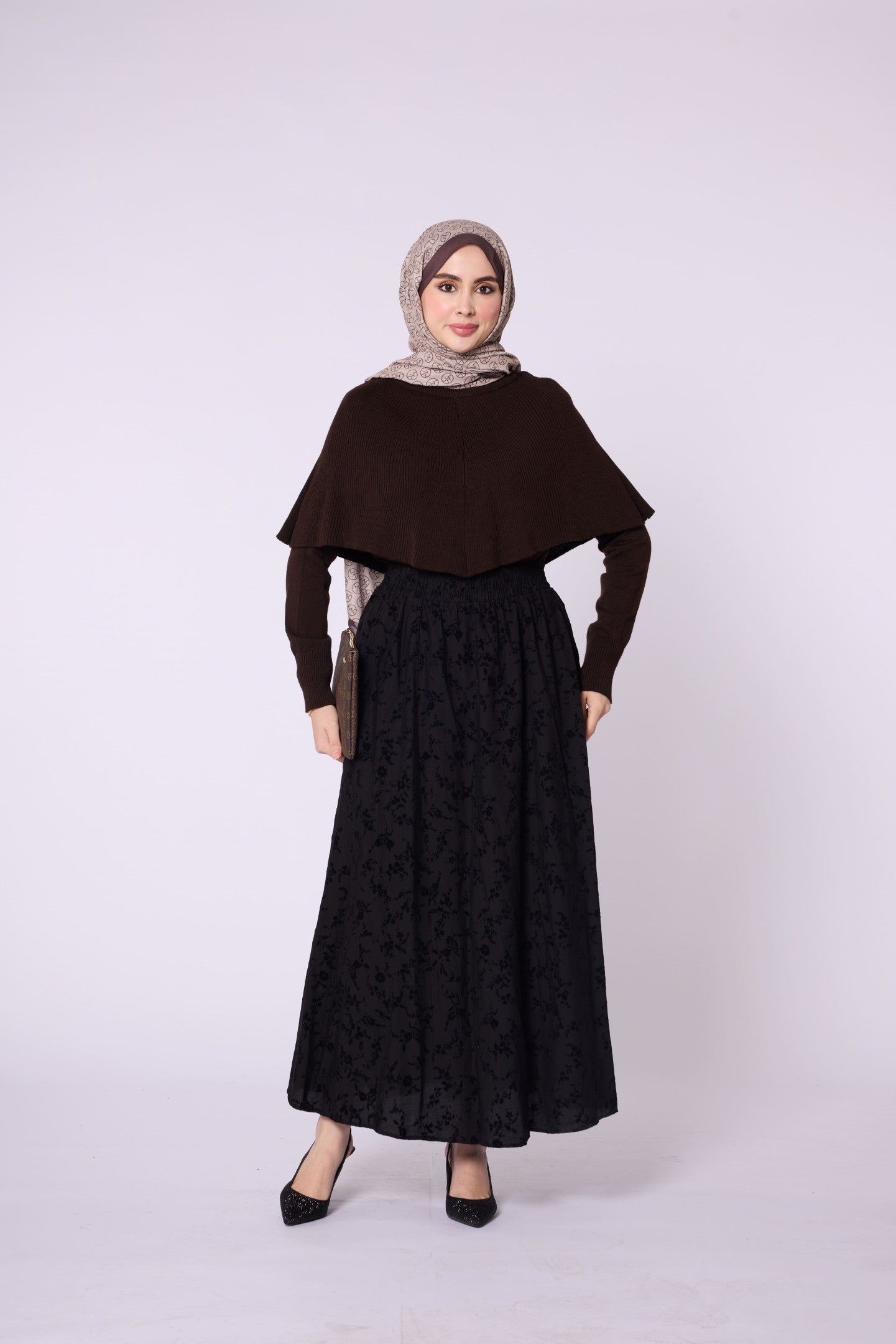 Suede Floral Print Elastic Waist Skirt