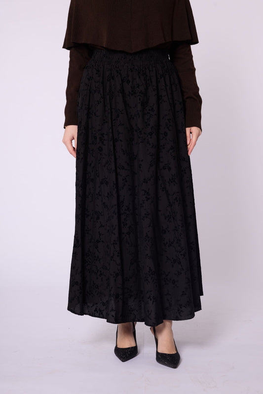 Suede Floral Print Elastic Waist Skirt