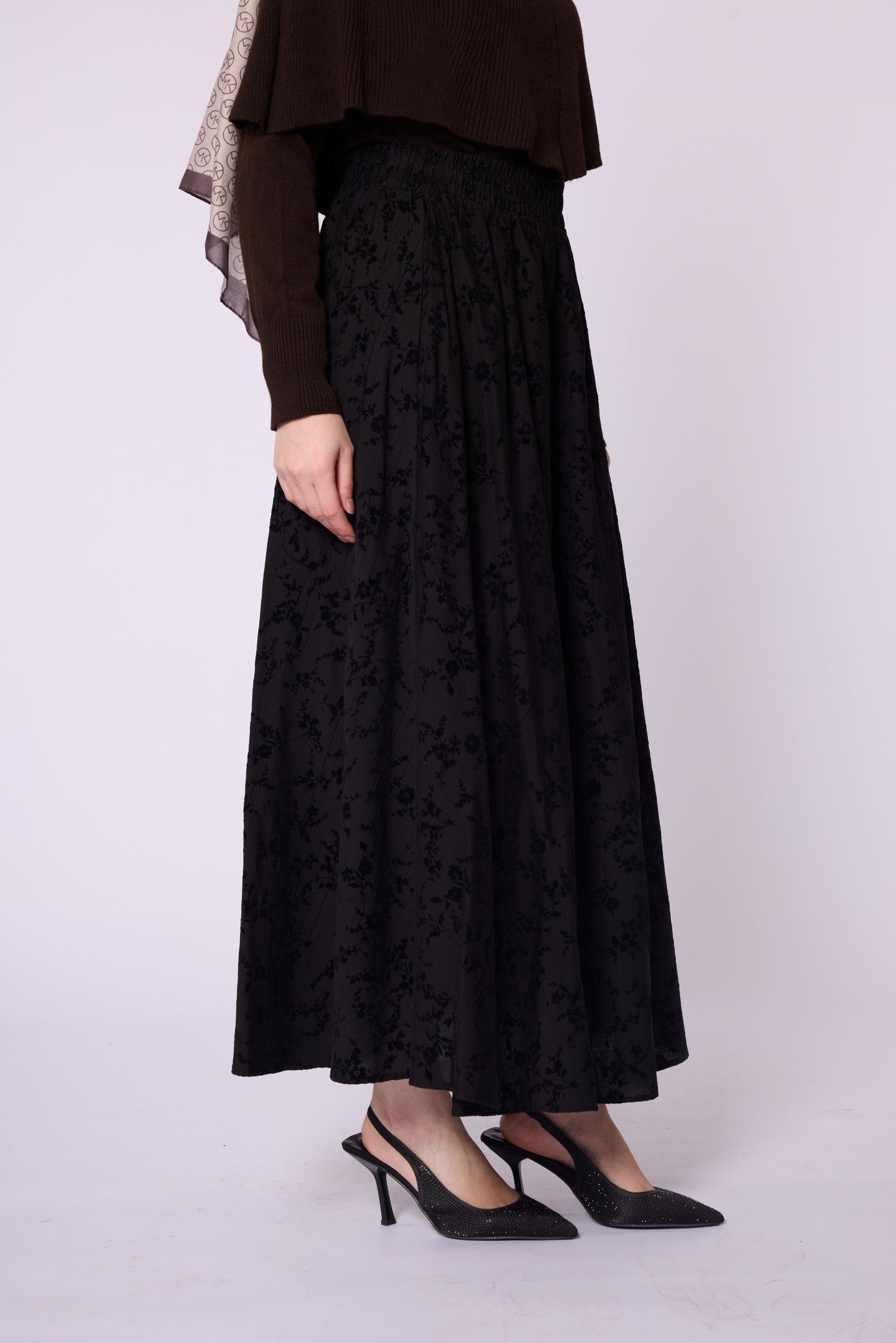 Suede Floral Print Elastic Waist Skirt