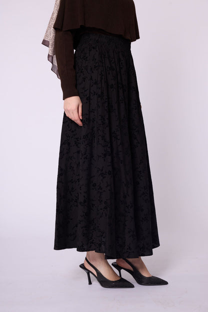 Suede Floral Print Elastic Waist Skirt