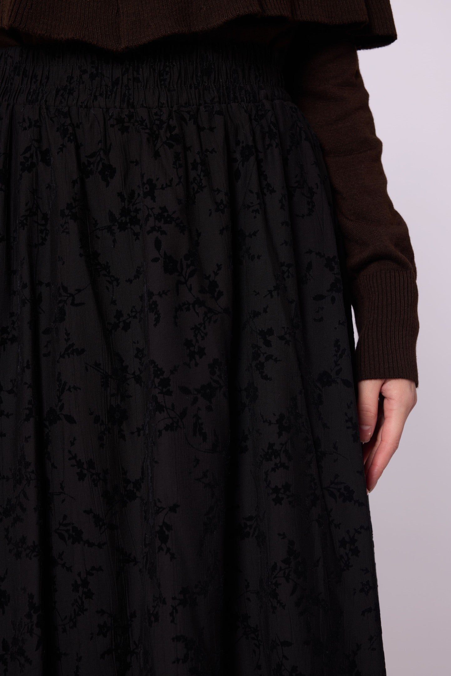 Suede Floral Print Elastic Waist Skirt