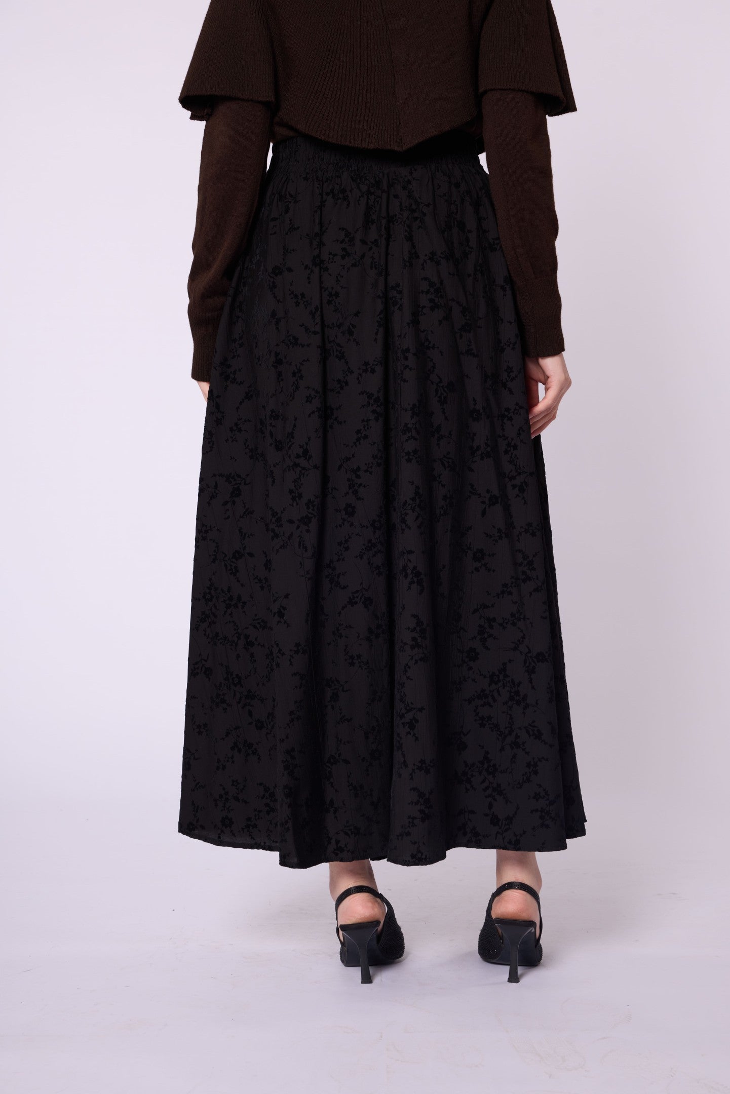 Suede Floral Print Elastic Waist Skirt