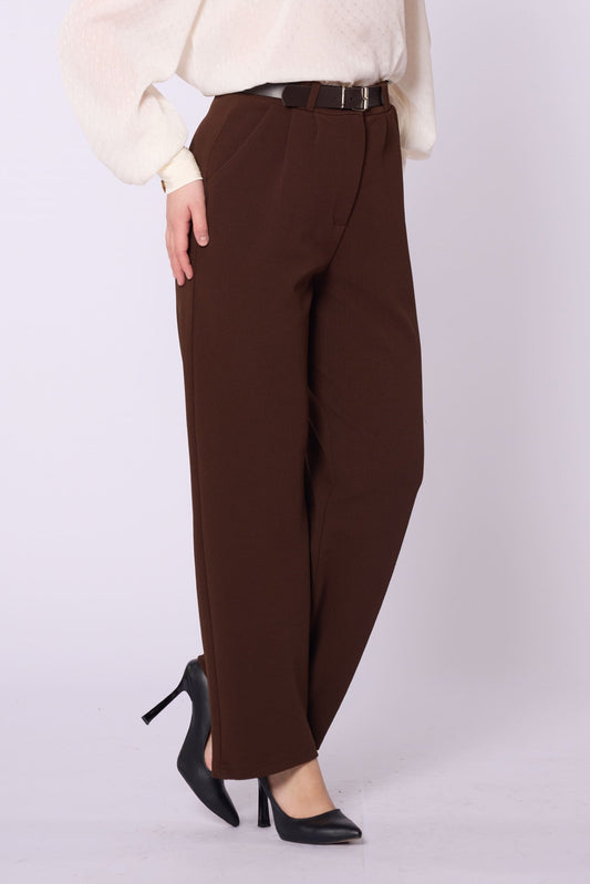 Textured Pleat Detail Belt Accent Trousers