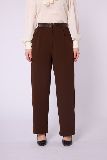 Textured Pleat Detail Belt Accent Trousers