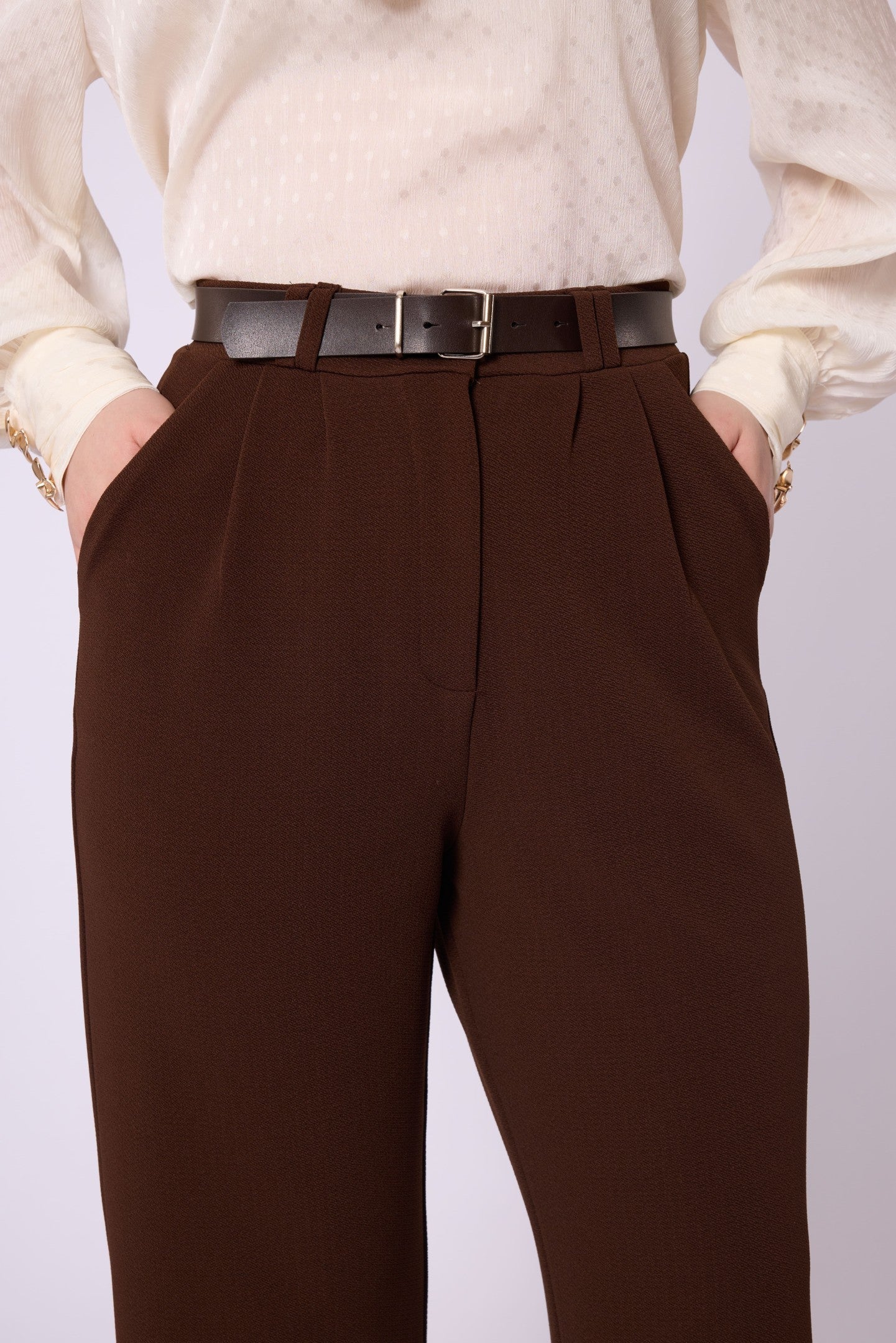Textured Pleat Detail Belt Accent Trousers