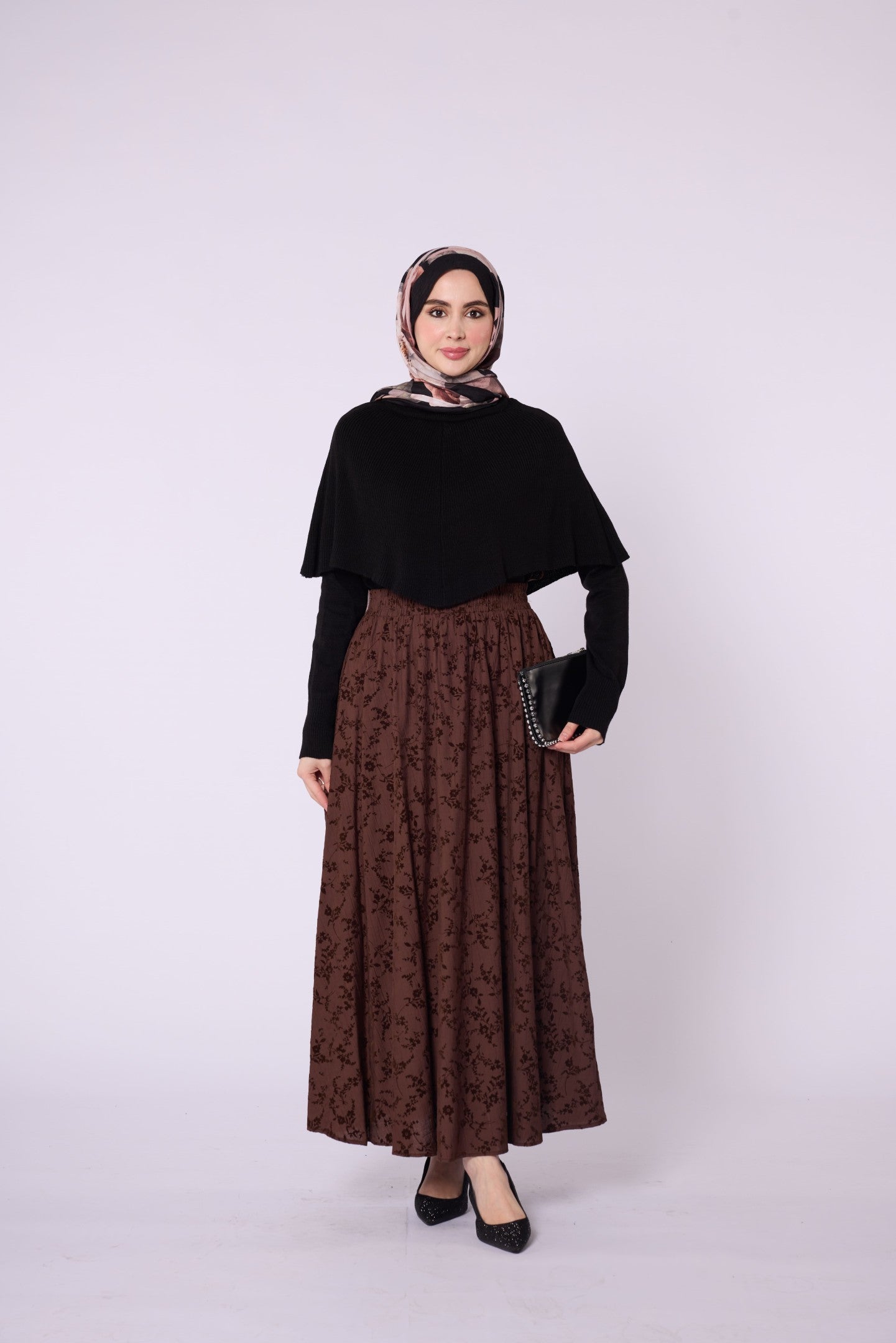 Suede Floral Print Elastic Waist Skirt