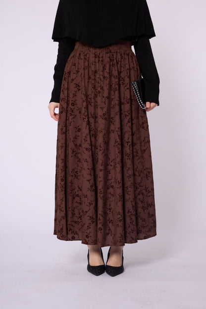 Suede Floral Print Elastic Waist Skirt