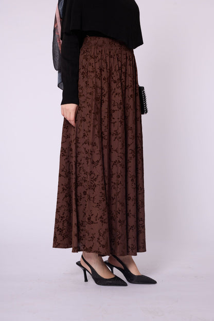 Suede Floral Print Elastic Waist Skirt