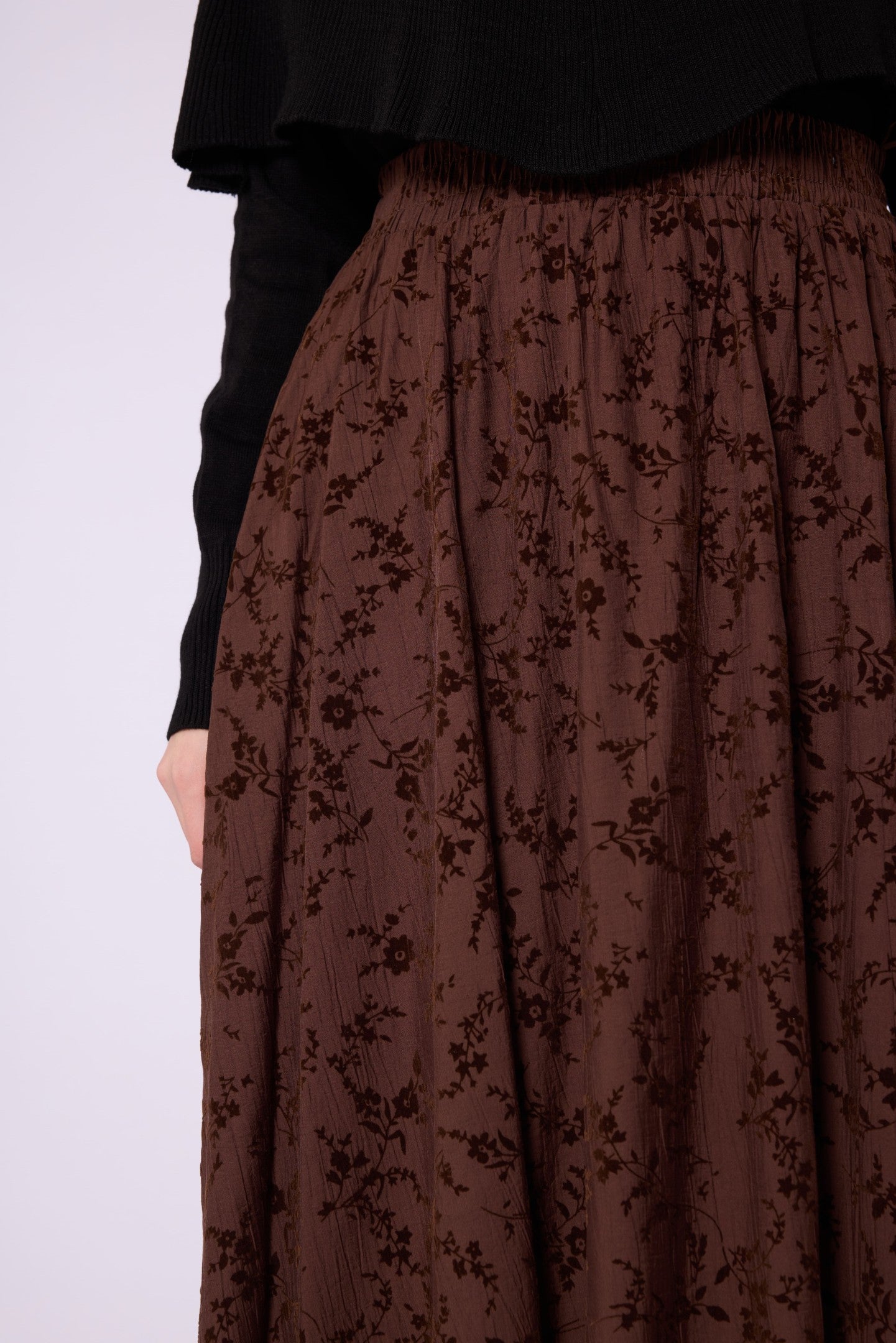 Suede Floral Print Elastic Waist Skirt