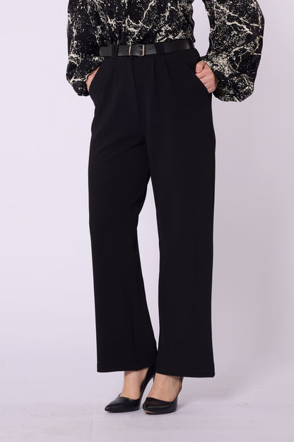 Textured Pleat Detail Belt Accent Trousers