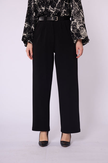 Textured Pleat Detail Belt Accent Trousers