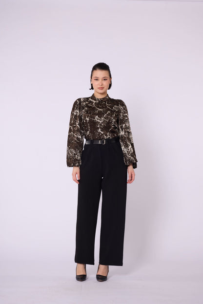 Patterned Balloon Sleeve Detail Mandarin Collar Blouse