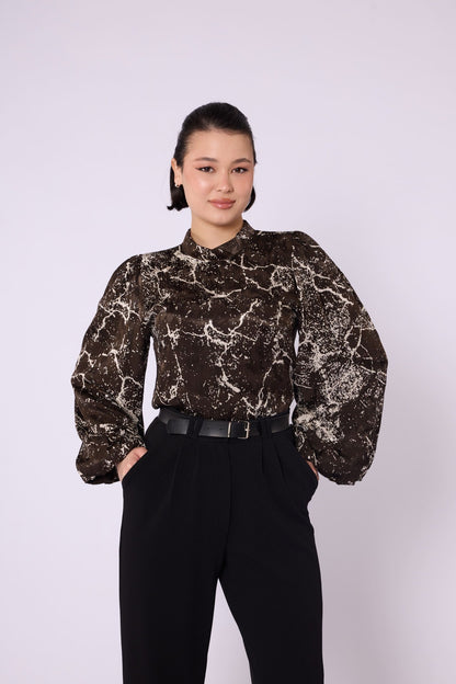 Patterned Balloon Sleeve Detail Mandarin Collar Blouse