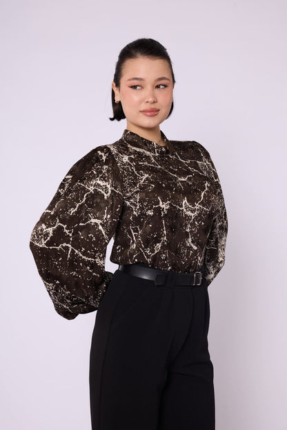 Patterned Balloon Sleeve Detail Mandarin Collar Blouse