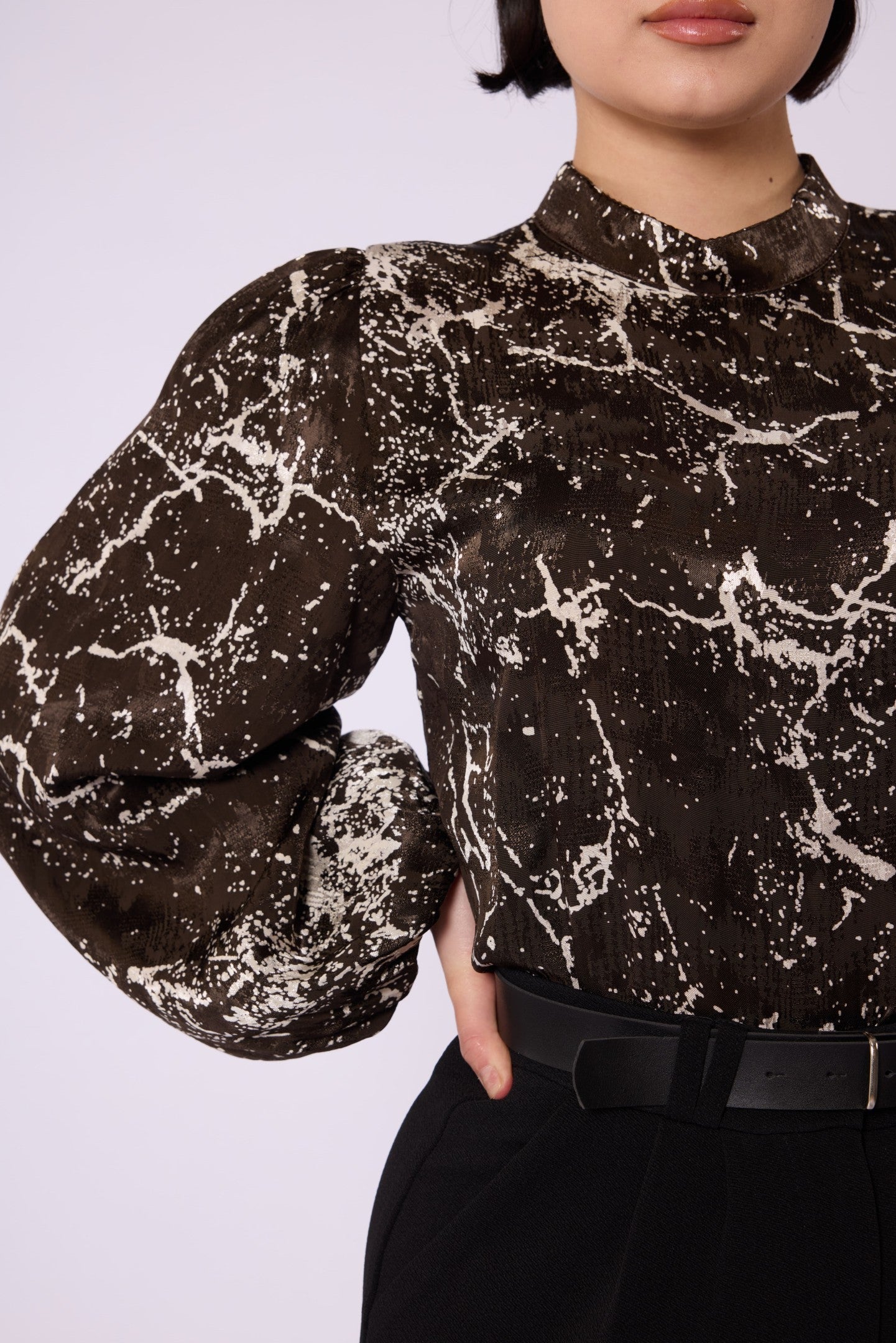 Patterned Balloon Sleeve Detail Mandarin Collar Blouse