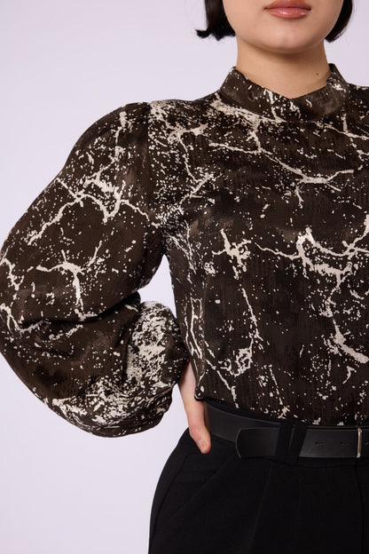 Patterned Balloon Sleeve Detail Mandarin Collar Blouse