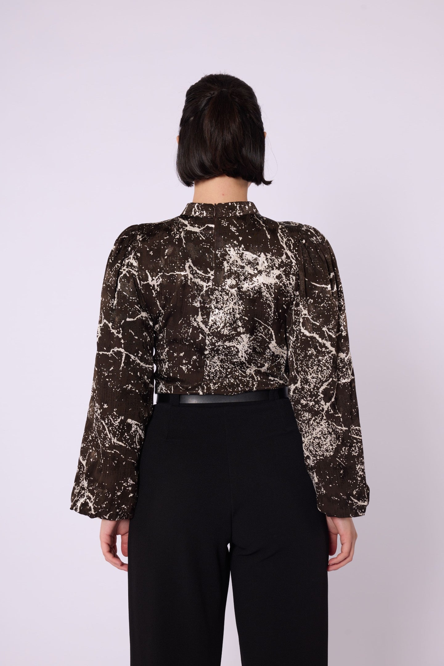 Patterned Balloon Sleeve Detail Mandarin Collar Blouse