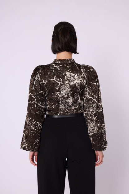 Patterned Balloon Sleeve Detail Mandarin Collar Blouse