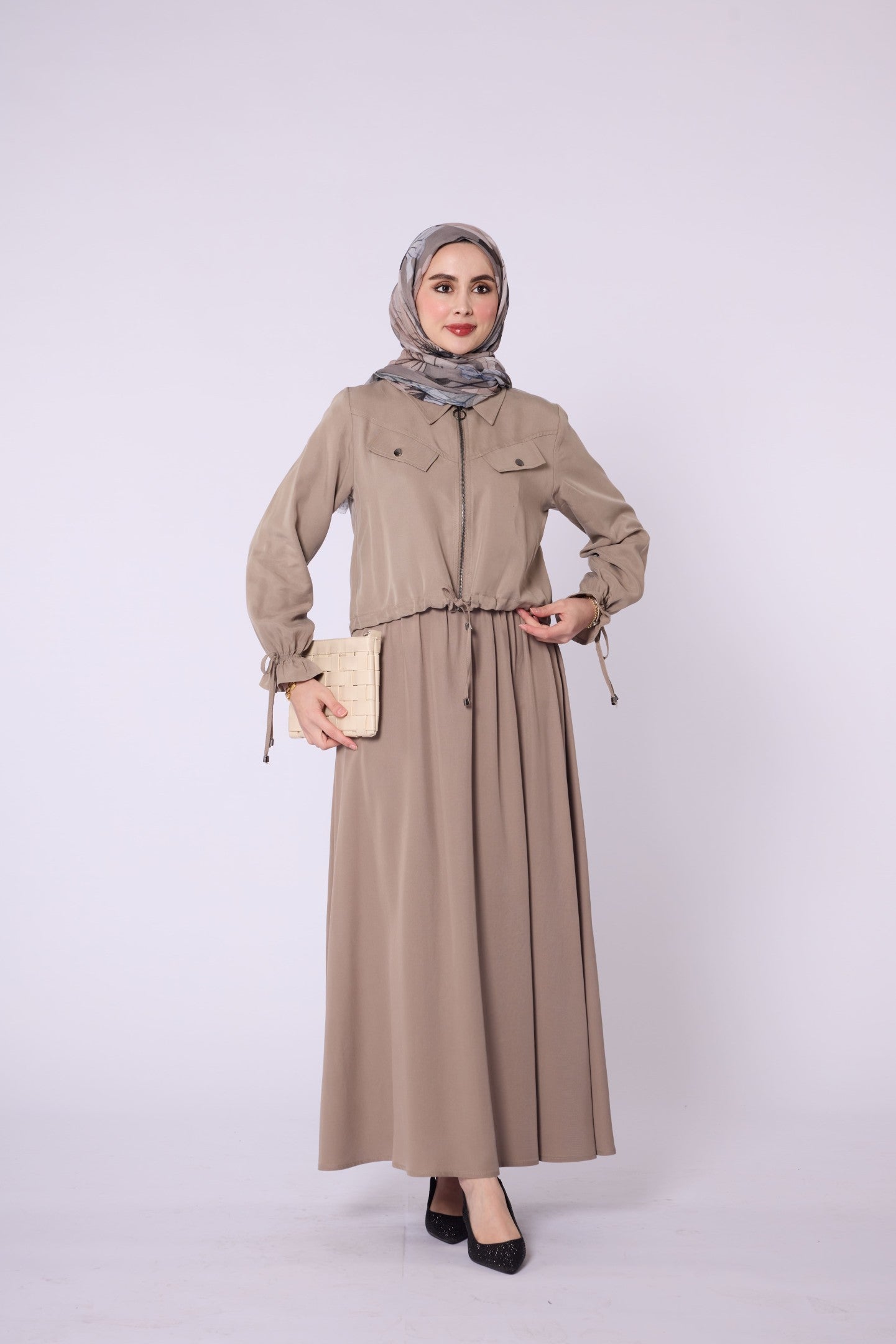 Polo Collar Ruched Detail Zip-Up Set